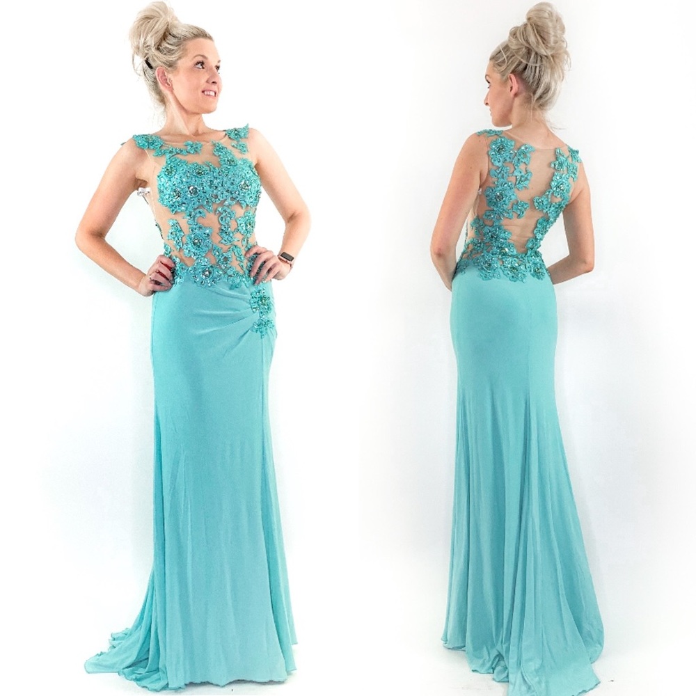 Fitted Illusion Blue Lace Prom Pageant Dress - Picture 1 of 8
